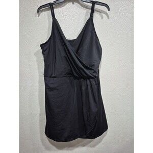 Lands End Swim Suit Womens XL 18  Solid Black  Skirt V-Neck 1 Piece Beach
